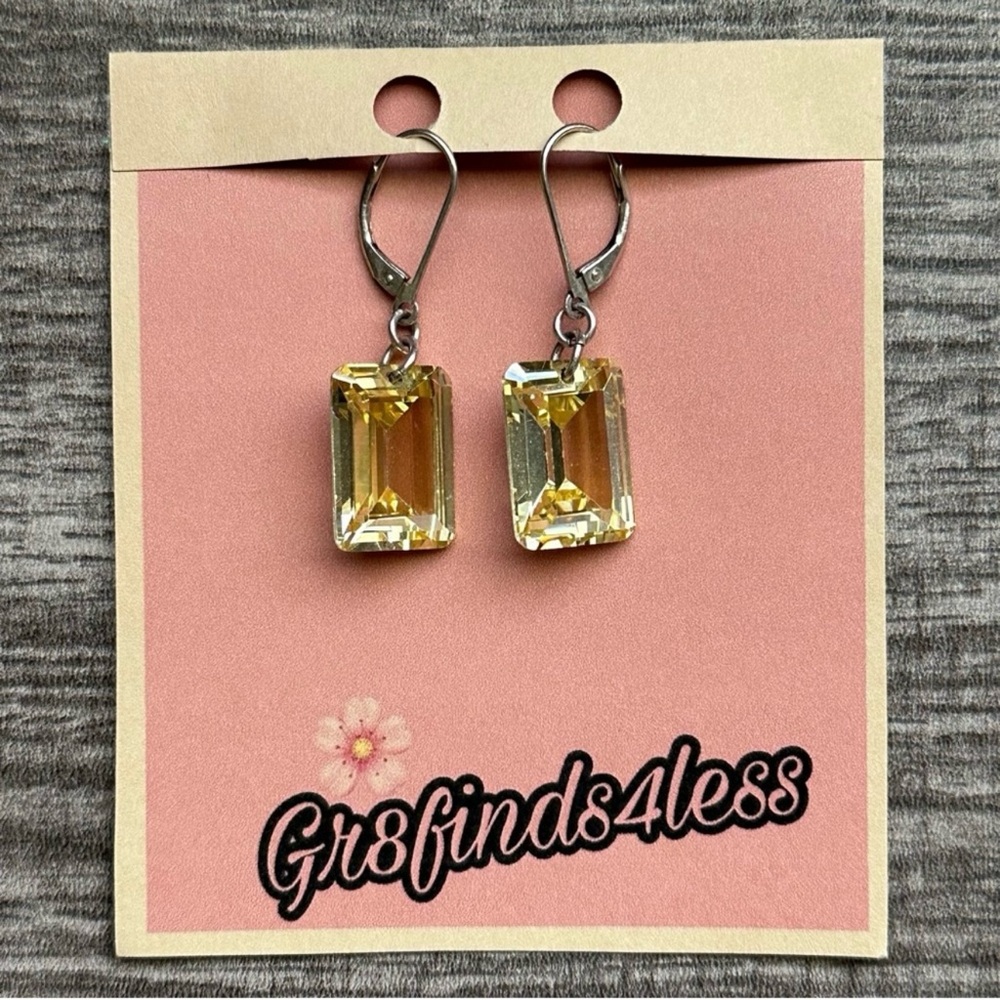 925 Sterling Silver Lever Back Drop Earrings Emerald Cut Yellow Gemstones